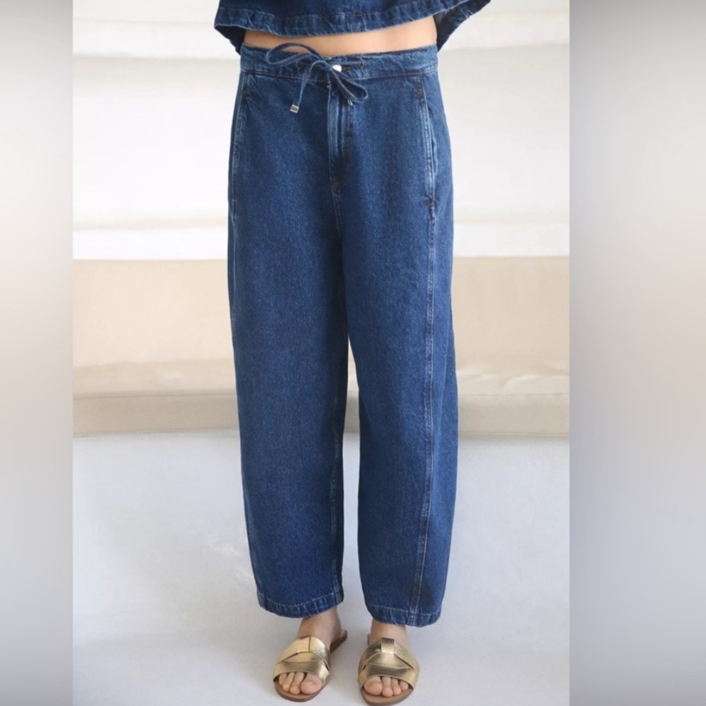Zara Baggy Women Medium Blue Denim Drawstring‎ Jeans